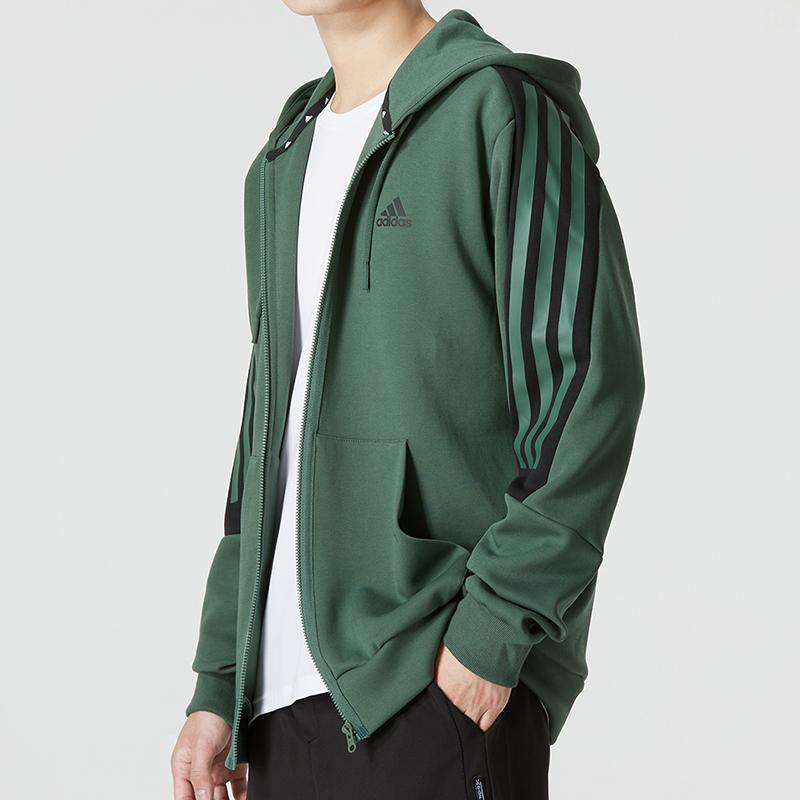 Adidas Striped Logo Sports Casual Knit Hooded Jacket Men Outerwear Green HC5841
