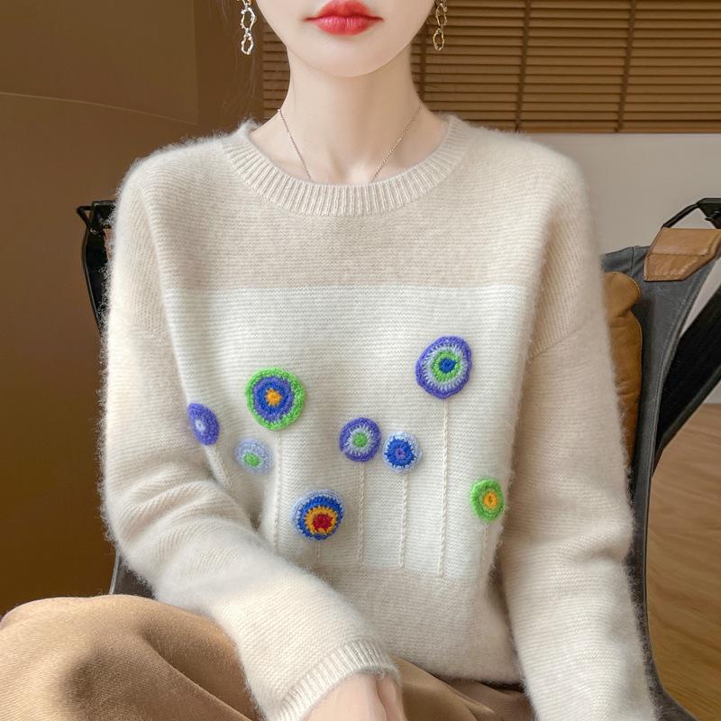 

Женский свитер из шерсти с вышивкой в корейском стиле, колор-блок, круглый вырез, свободный крой для осени и зимы M (95-115 jin)