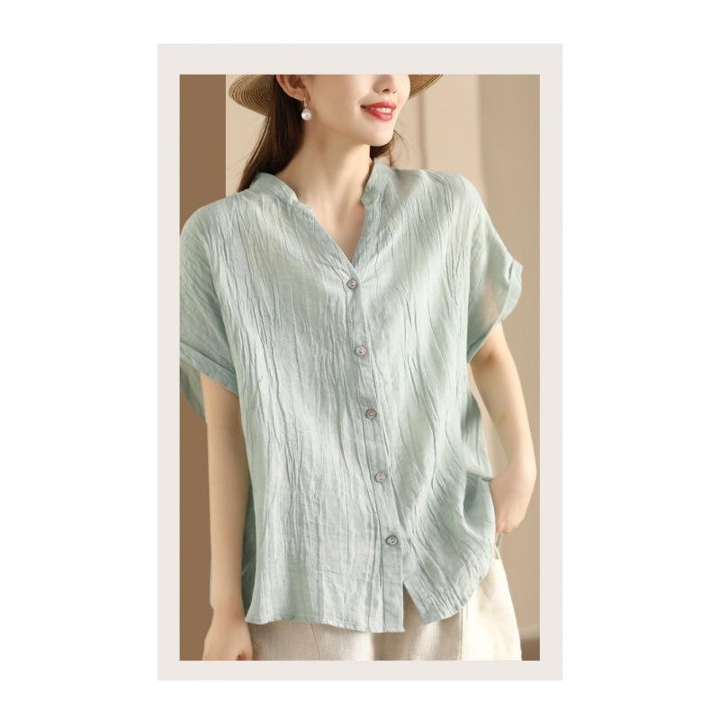 Sommer Retro Plissee Blusen & Hemden Kurzarm Damen Shirt V-Ausschnitt Strickjacke