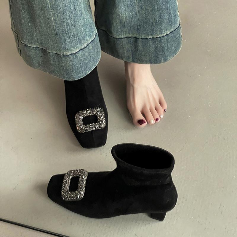 Fashion Retro Versatile Rhinestone Square Buckle Square Head Suede Women's New Autumn and Winter Thick Heel Heightening Medium Boots