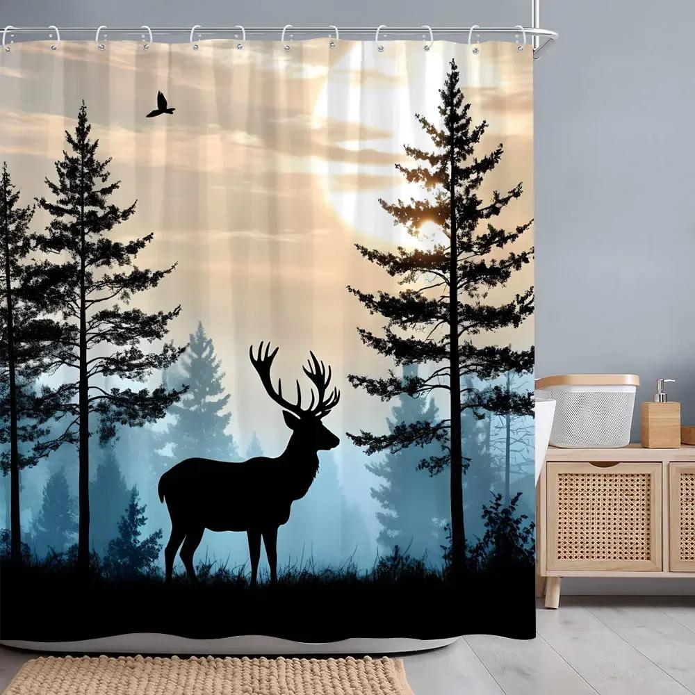 Herbstwald Hirsch Duschvorhang Fluss Sonnenuntergang Rustikale Scheune Thanksgiving Polyesterstoff Badvorhänge Badezimmerdeko mit Haken