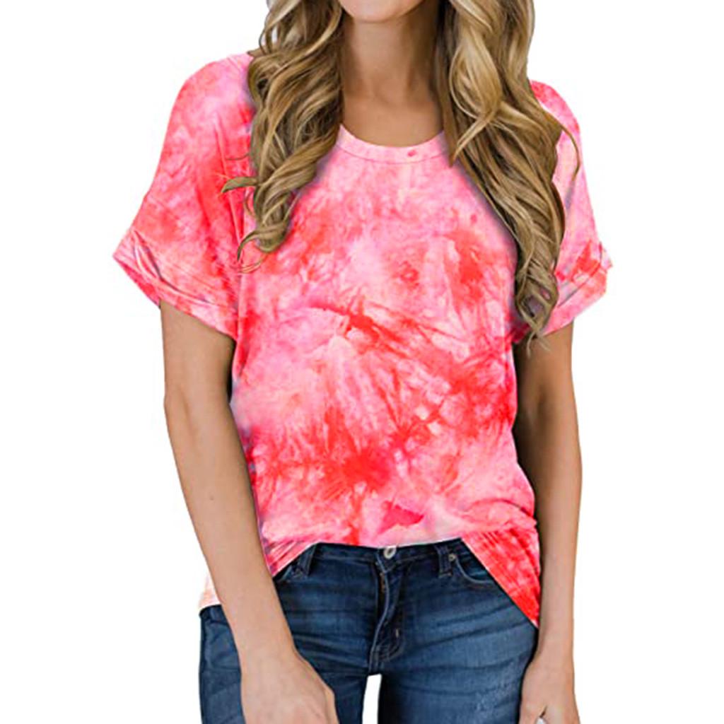 Kvinners rundhals kortermet Tie-Dye Print Uformell løs topp T-skjorte bluse