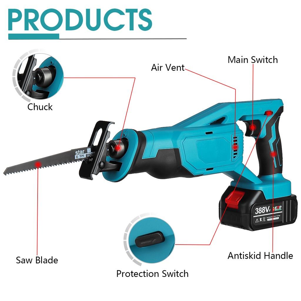 1500W 388VF Wood Metal Cutting Tool For 18V Battery Electric Cordless Reciprocating Saw with 4 Blades Saber Saw