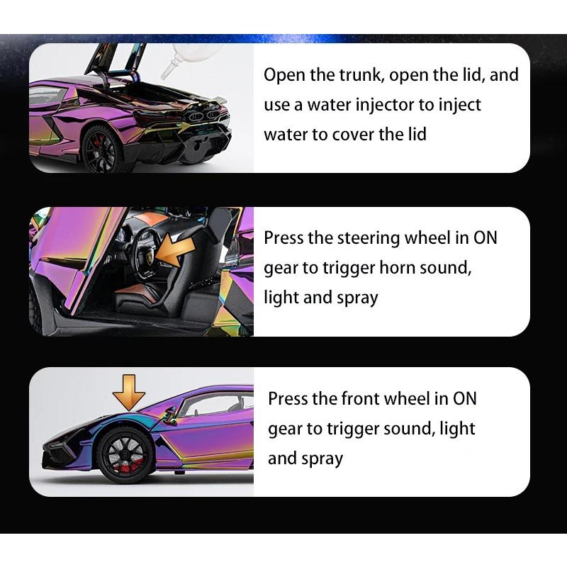 1/24 Lamborghini Revuelto Alloy Sports Car Model Diecast Metal Racing Electroplating Vehicles Car Model Sound Light with Spray Kids Toy Gift