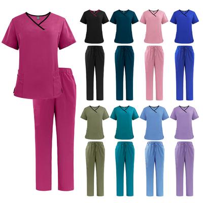 Two Piece Set V-neck Short Sleeved Nursing Uniform Set Tops+Pants Scrub Suit Fast-drying Suits