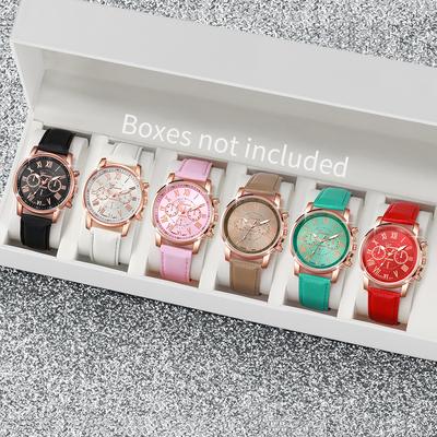 6 Stück/Set Mode Damen Uhr Koreanische Edition Römisches Zifferblatt Mehrfarbig Römisches Zifferblatt Quarz Uhren Set