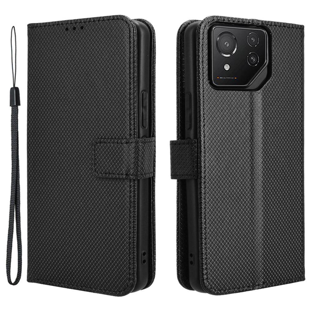 

For Asus ROG Phone 8 Pro 5G/8 5G Magnetic Phone Case Diamond Texture Card Slots Cover Black