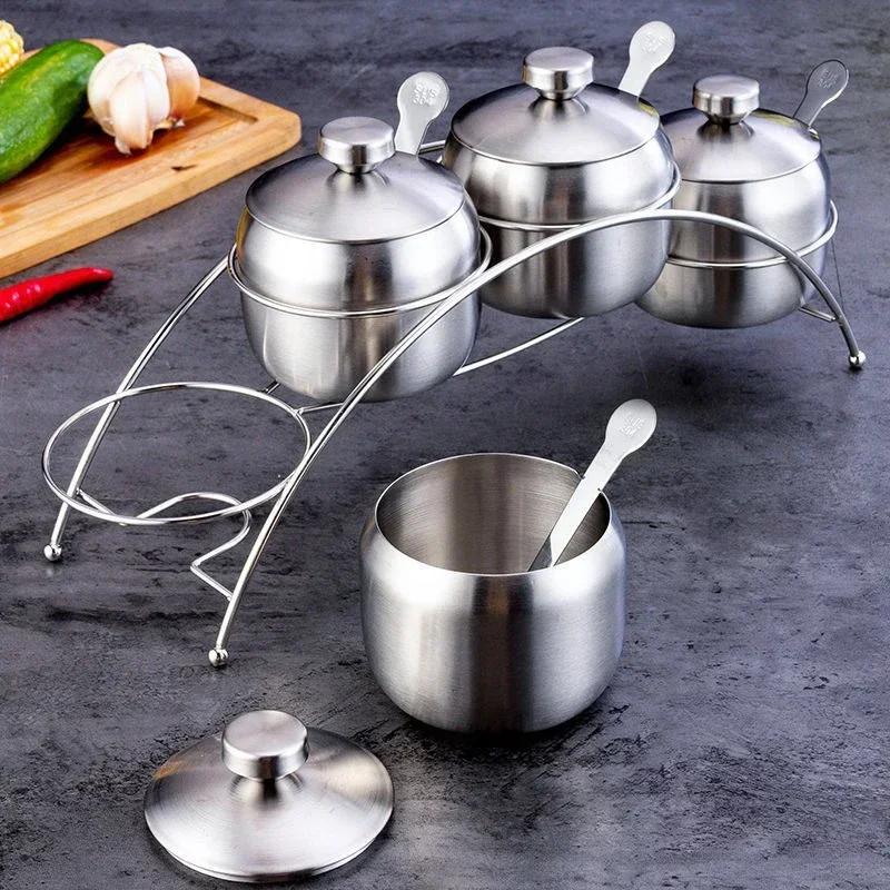 304 Stainless Steel Seasoning Jars Creative 360° Rotating Salt Sugar Bowl Spice Jar with Lid Kitchen Condiment bottle with Spoon