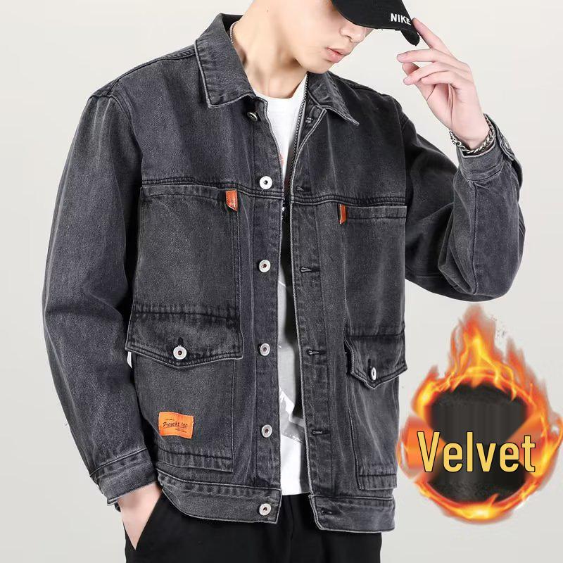 Men's Velvet-Lined Thick Denim Jacket - Extra Warm, Loose Fit, Trendy Plus Size for Winter