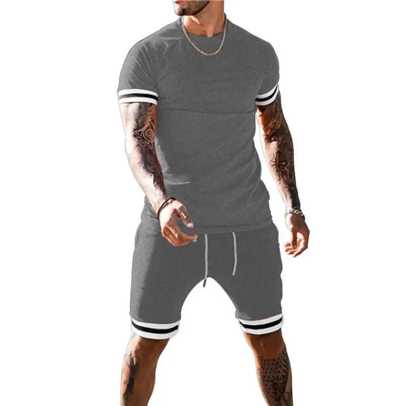 2024 Summer New Men's Round Neck Short Sleeve Sports Set Leisure Outdoor Fitness Sports Color Block Two Piece Set