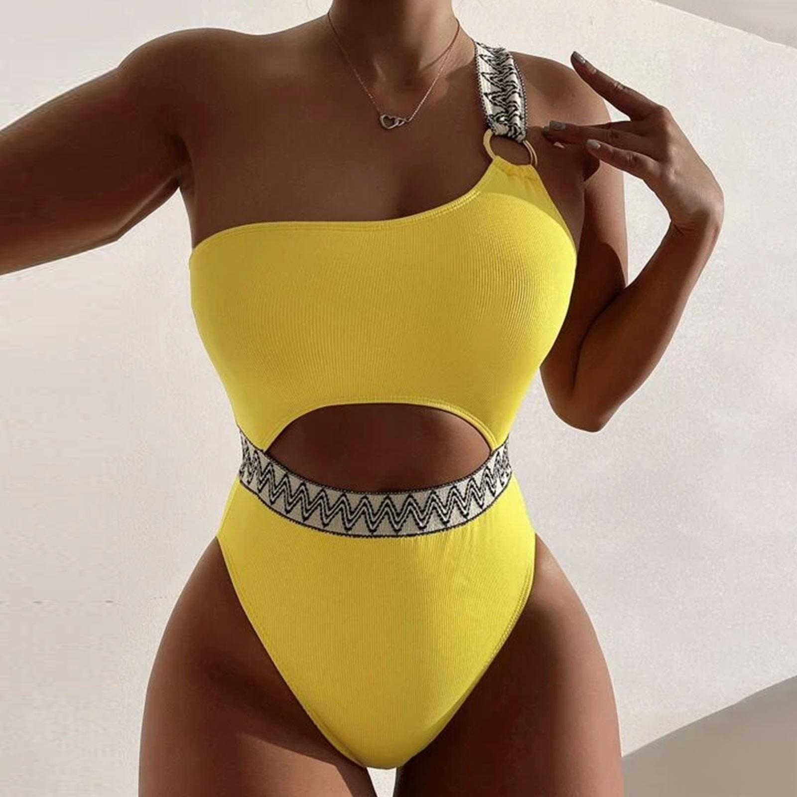 

Женский слитный купальник с вырезом, сексуальный, с жемчужной цепочкойЖенский однотонный слитный купальник, вязаный пояс, вырез на одно плечо XL жёлтый