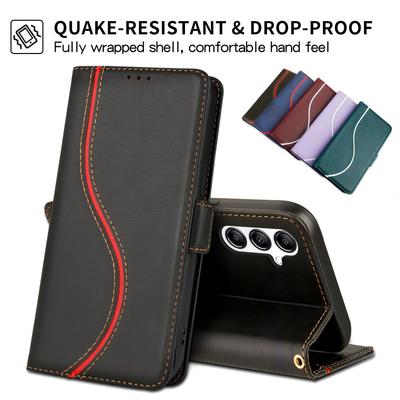 Luxusní kožené pouzdro peněženka na telefon s linkami, knížkový stojánek pro iPhone 17 16 15 13 12 Pro Max Samsung S25 S24 S23 Ultra S22 S21 FE Magnetický slot na karty Flipový kryt