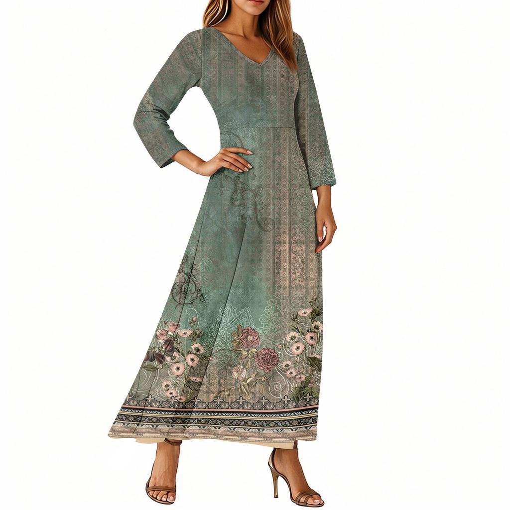 Kjoler For Damer Vintage Blomst Tunika Midjet Midi Kjole Sommer Casual 3/4 Ermet Kjole
