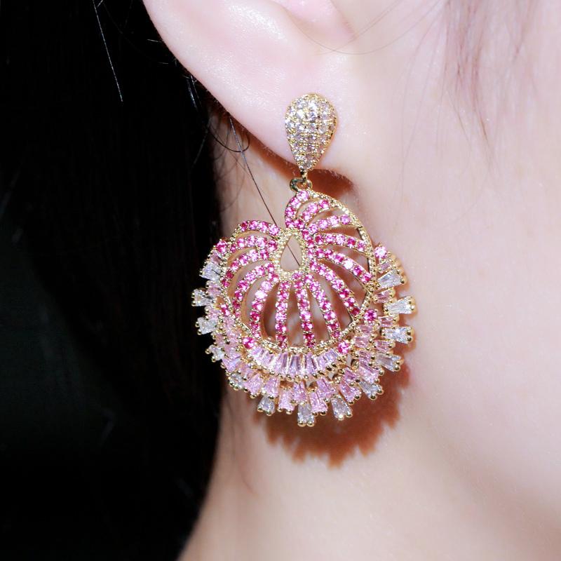 WWJ Romantic Flower Rose Red Zircon Big Dangle Drop Earrings for Brides