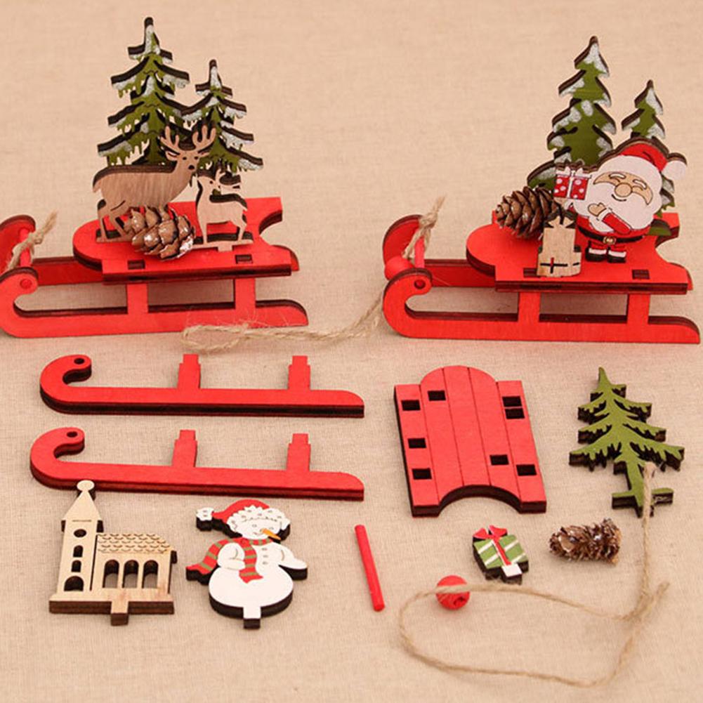 Christmas Sleigh Miniature Wooden Santa Snowman Deer Sled Ornament For Children Gift Desktop Small Ornaments Wooden Detachable
