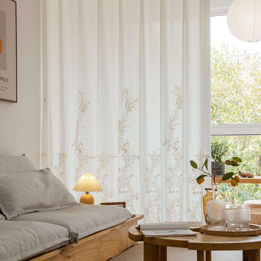 Trendy Embroidered Voile Curtains for Bedroom Living Room Windows Floral Sheer Drapes Country Style