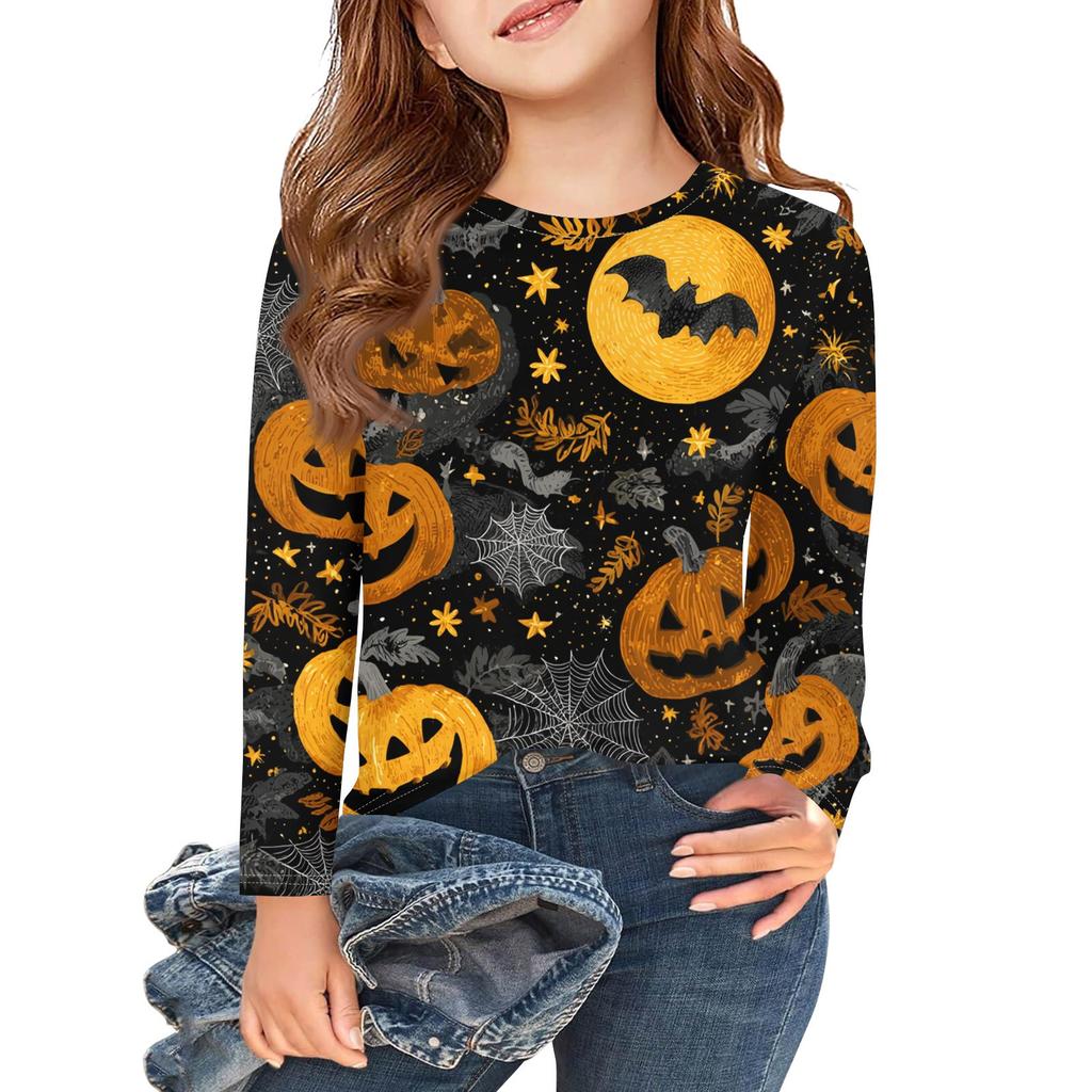Girls Long Sleeve T Shirts Kids Fall Tops Crewneck Halloween Printed Basic Tees 3-9Y