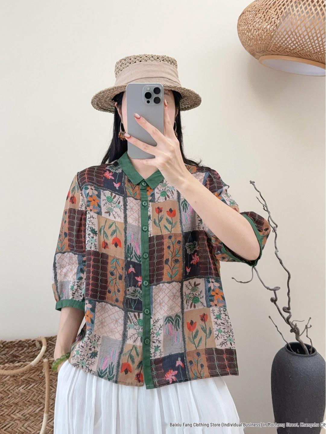 

Women s Summer 2026 Linen Print Shirt: Artistic Chinese Style, Small Lapel, Cardigan, 3/4 Sleeve Top One Size (90-140 Jin)