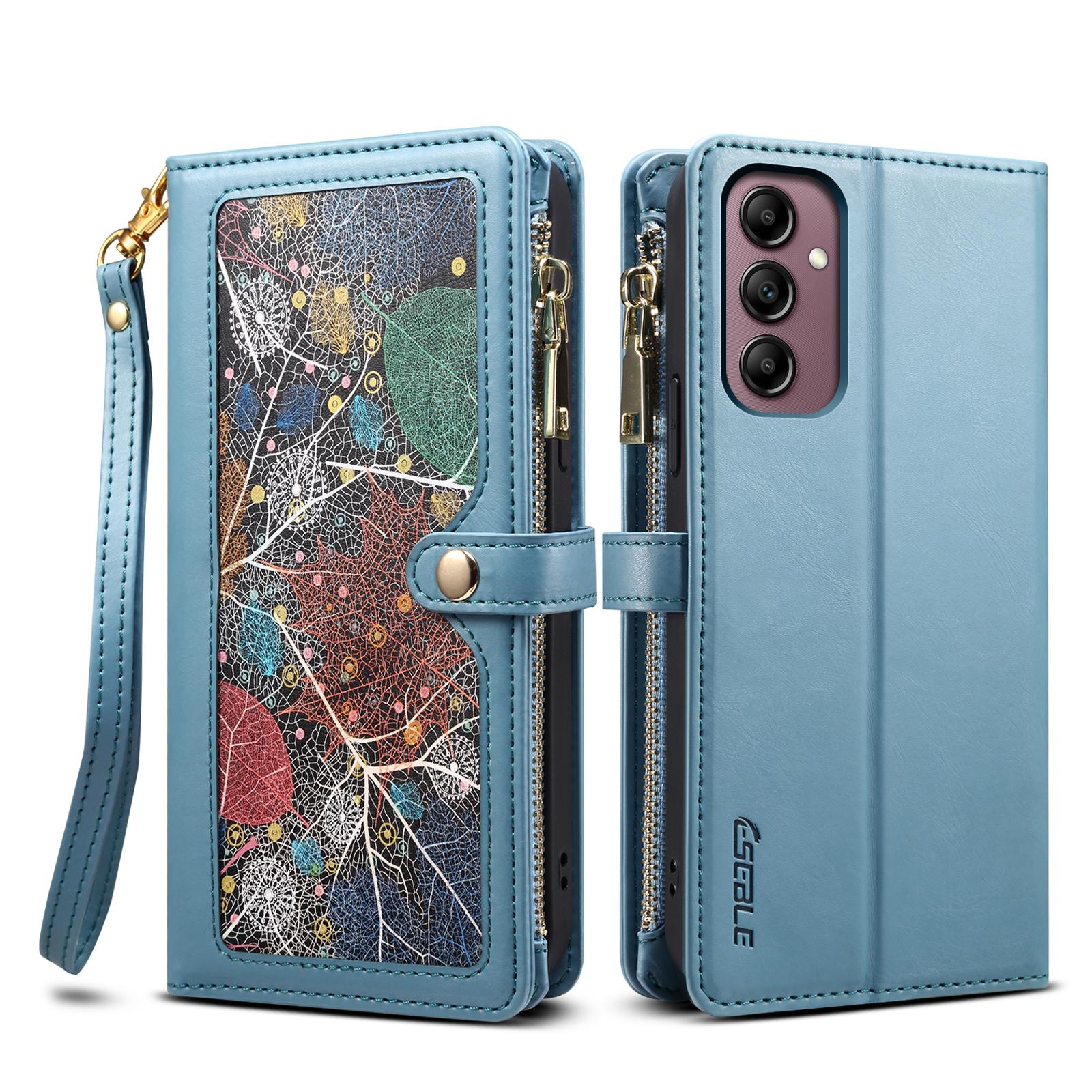 

ESEBLE Galaxy Series For Samsung Galaxy S25 FE Case RFID Blocking Leather Zipper Phone Cover with Shoulder Strap+Wrist Strap Blue