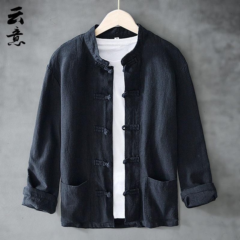 Mens Chinese Style Linen Long Sleeve Casual Shirt Outerwear