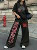 Amerikanischer Retro Street Trend Cool Buchstabendruck Kurzarm-T-Shirt Weite Hosen Set Damen Lässig Locker Sport Zwei Teile
