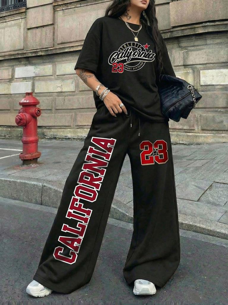 Amerikanischer Retro Street Trend Cool Buchstabendruck Kurzarm-T-Shirt Weite Hosen Set Damen Lässig Locker Sport Zwei Teile