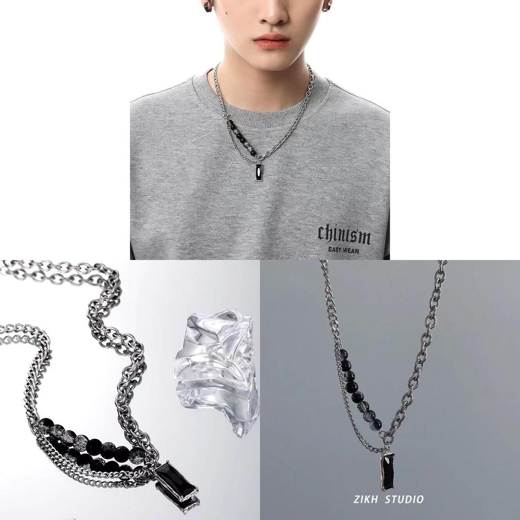 Black Zircon Ice Crack Pendant Necklace For Men With Titanium Steel Chain And Geometric Design