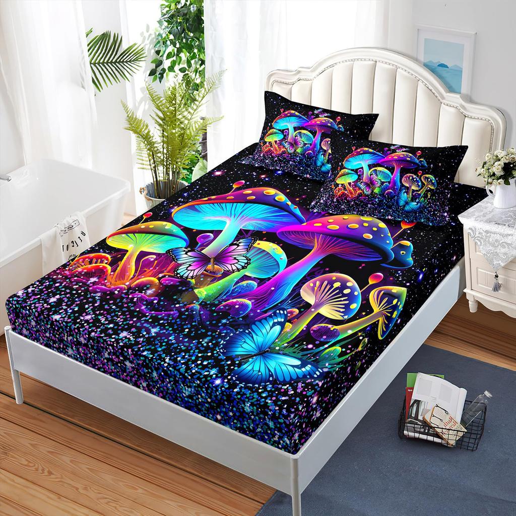 Color Mushroom Pattern Mattress Three-Piece Digital Printing Mattress Bedding Set Adult Children