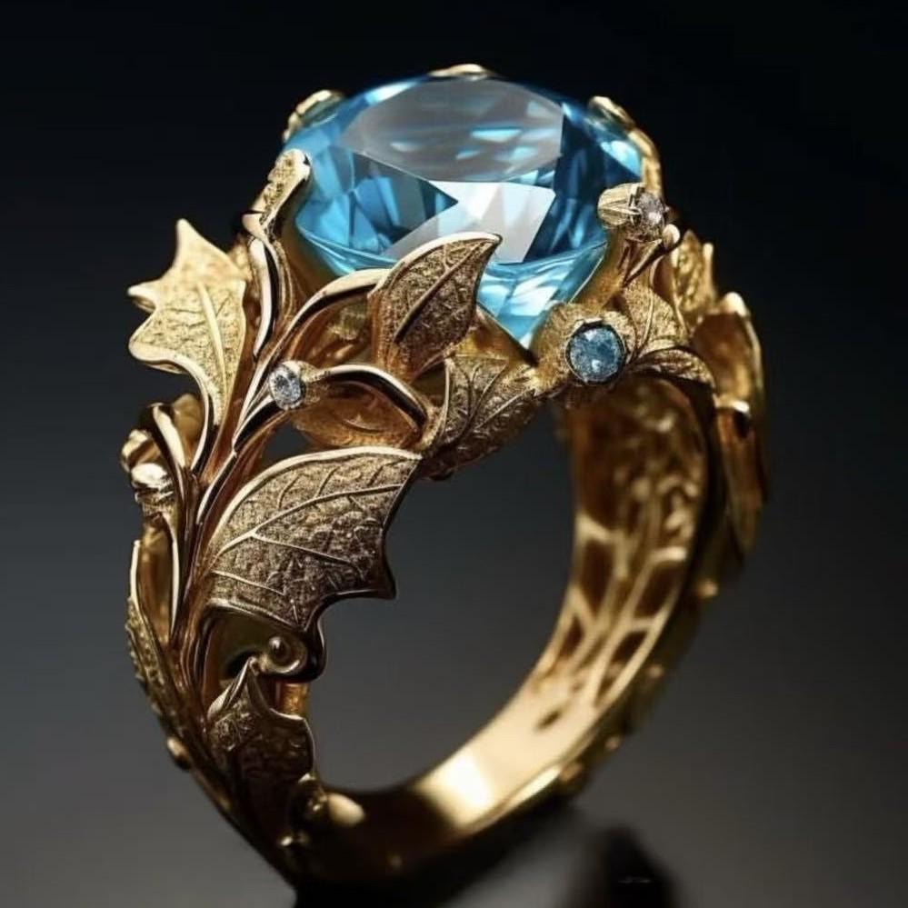 2025 Gold-Plated Ring with Lake Blue Stone - Women's Cross-Border Alloy Jewelry