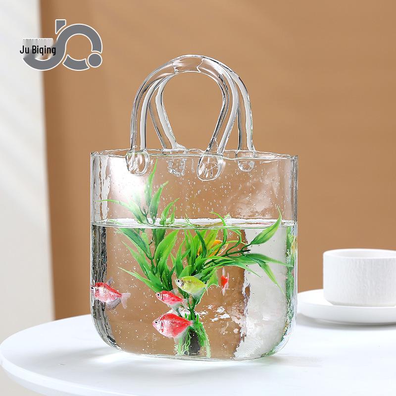 Nordic Glass Vase: Stylish Hydroponic Handbag for Fresh Flowers & Fish, Transparent Blue Fishbowl Design