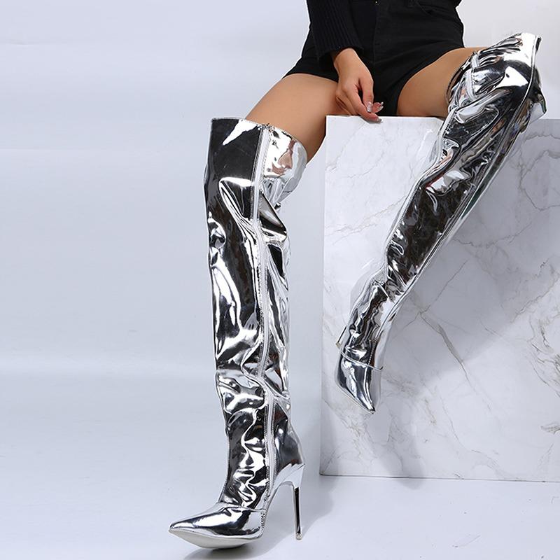 Women Fashion Faux Leather Thigh High Boots Nightclub Style Sexy Anti-Slip Prom Shoes Pointed Toe Long Boots