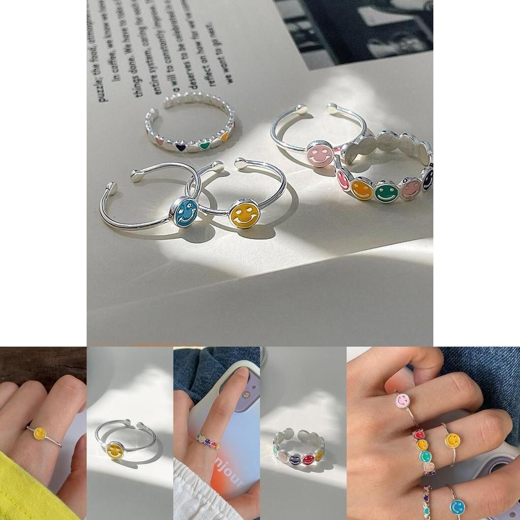 Drip Colorful Chic Glaze Smiley Face Heart Ring For Women Trendy Adjustable Copper Finger Jewelry
