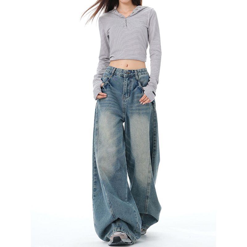 

Plus-Size Women s Summer New High-Waisted Loose-Fitting Slimming Drape Wide-Leg Jeans for Curvy Girls Blue [Trousers] XL