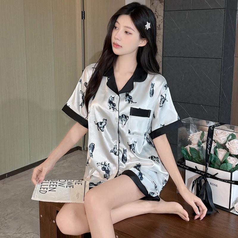 Summer Ice Silk Pajamas Women S Short-Sleeved Trousers Printed Cats Can Wear Loungewear Outside M
