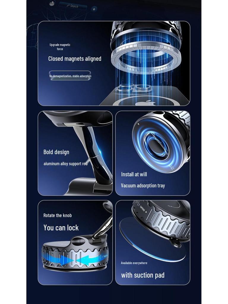 MagSafe Car Phone Holder with Metal Rod, Rotating, Folding, Anti-Shake Vacuum Suction Cup.