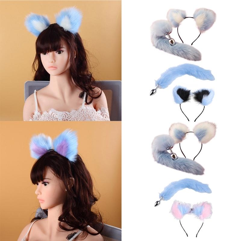 Metal Butt Plug with Fluffy Plush Animal Foxes Tail Ears Headband Set Cosplay Costume Props for Couples Game Sex Toy
