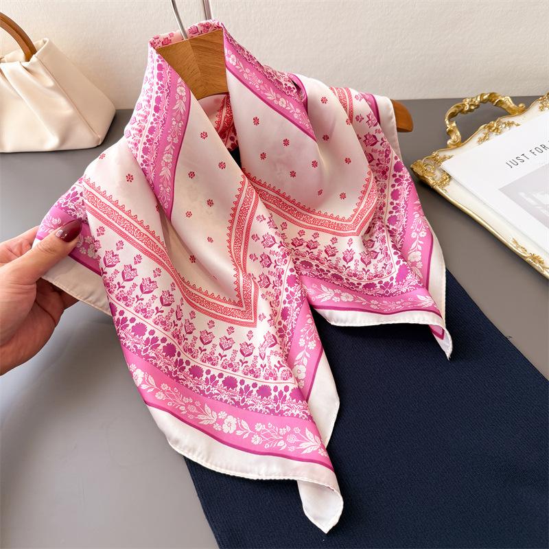 Border floral small square scarf high-end print imitation silk scarf shawl square scarf neck scarf headscarf scarf for women