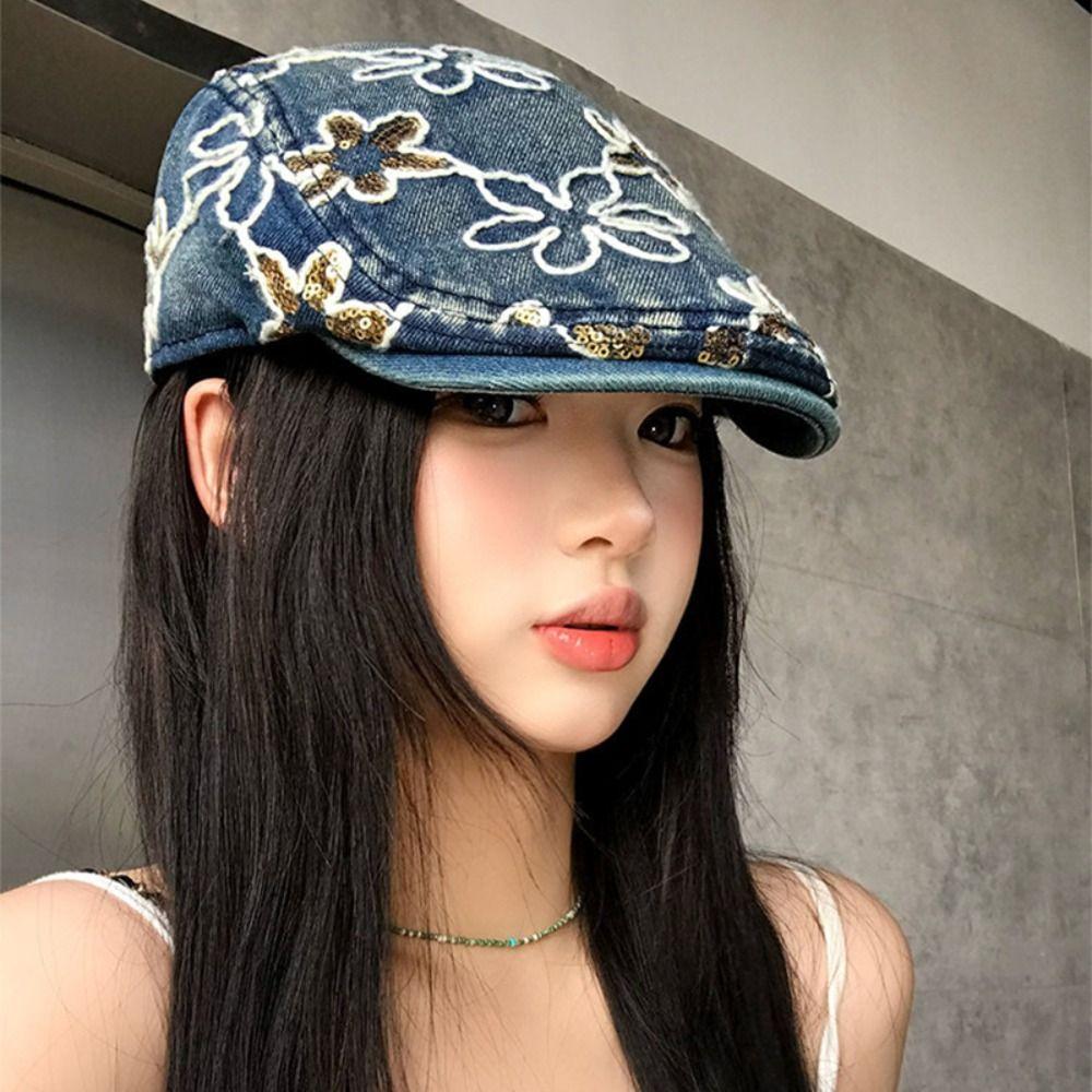 Ethnic Style Embroidery Flower Forward Hat Y2k Glitter Beret Casual Cadet Cap  Outdoor