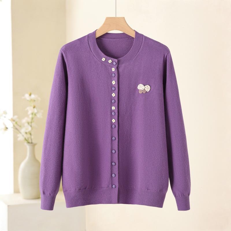 Spring and Autumn Loose Knit Cardigan for Middle-aged Women - Round Neck, Single-breasted Sweater