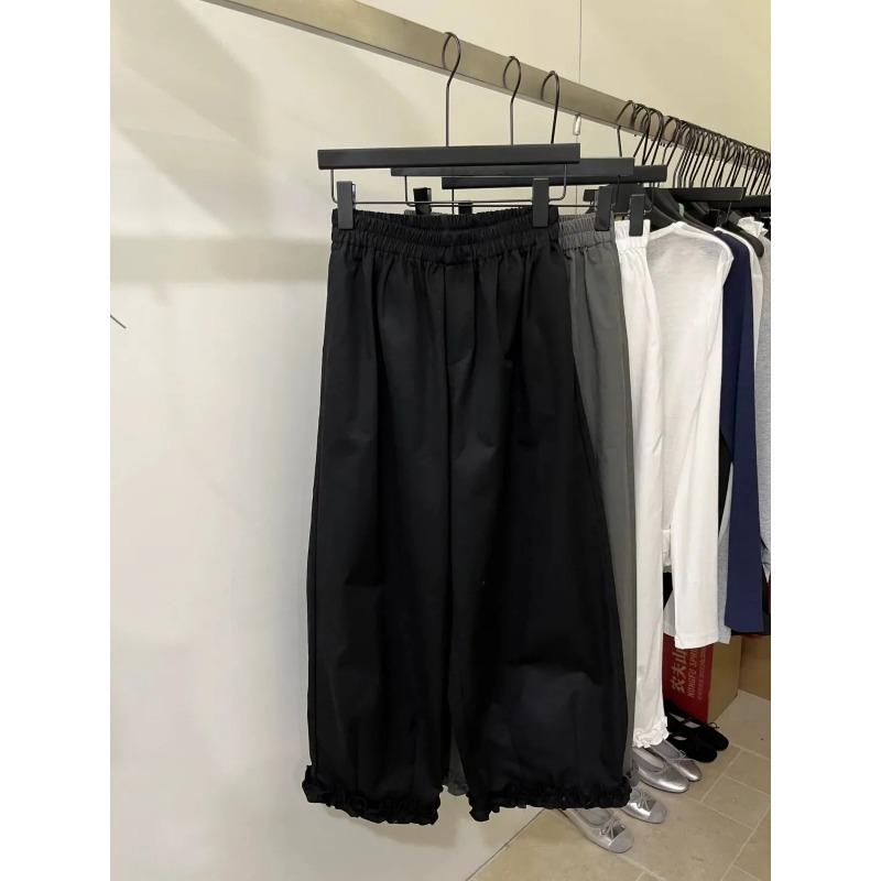 Women Casual Elastic Waist Wide Leg Pants Ruffle Hem Loose Trousers