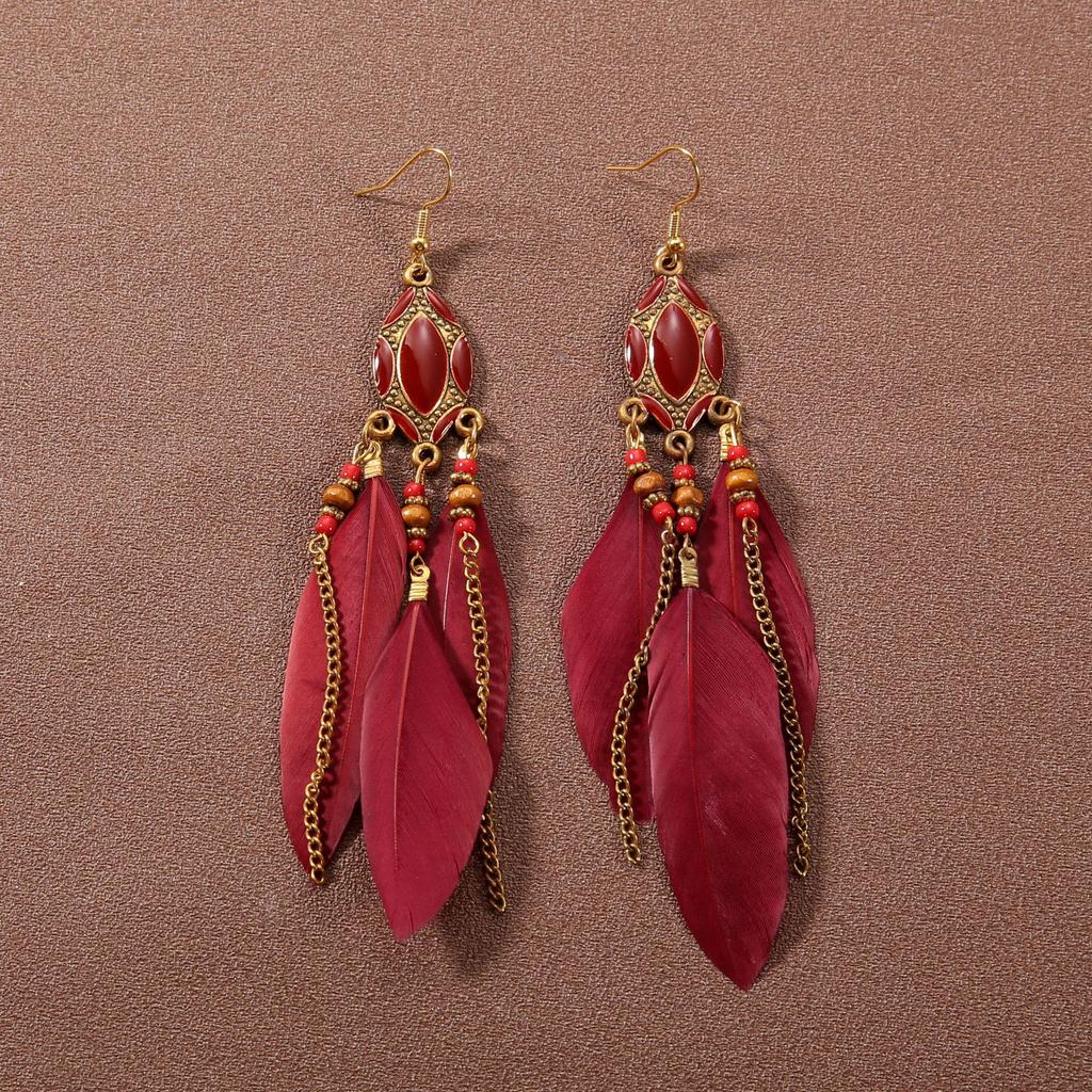 Ethnic Style Super Fairy Feather Earrings with No Piercings, Bohemian Style Long Style, High-end New Chinese Style Earrings Clips for Women