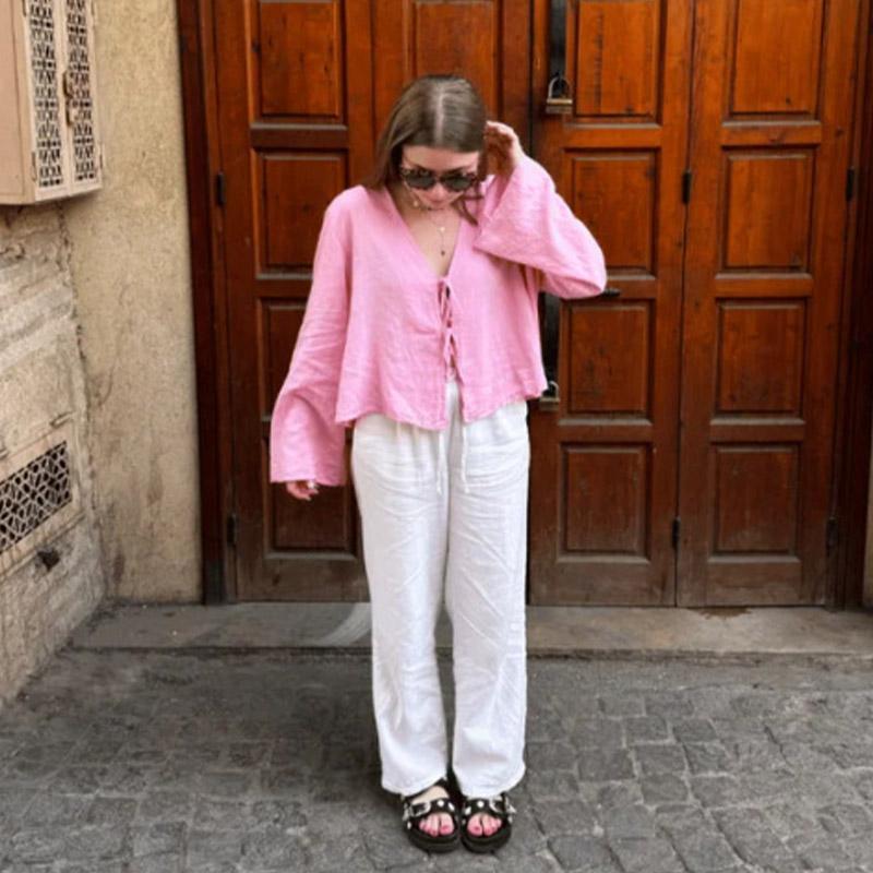 2025 Sommer Hvite Snøreskjorter for Kvinner Elegant Løs Langermet V-hals Bluse Dame Ensfarget Casual Street Chic dame Topper