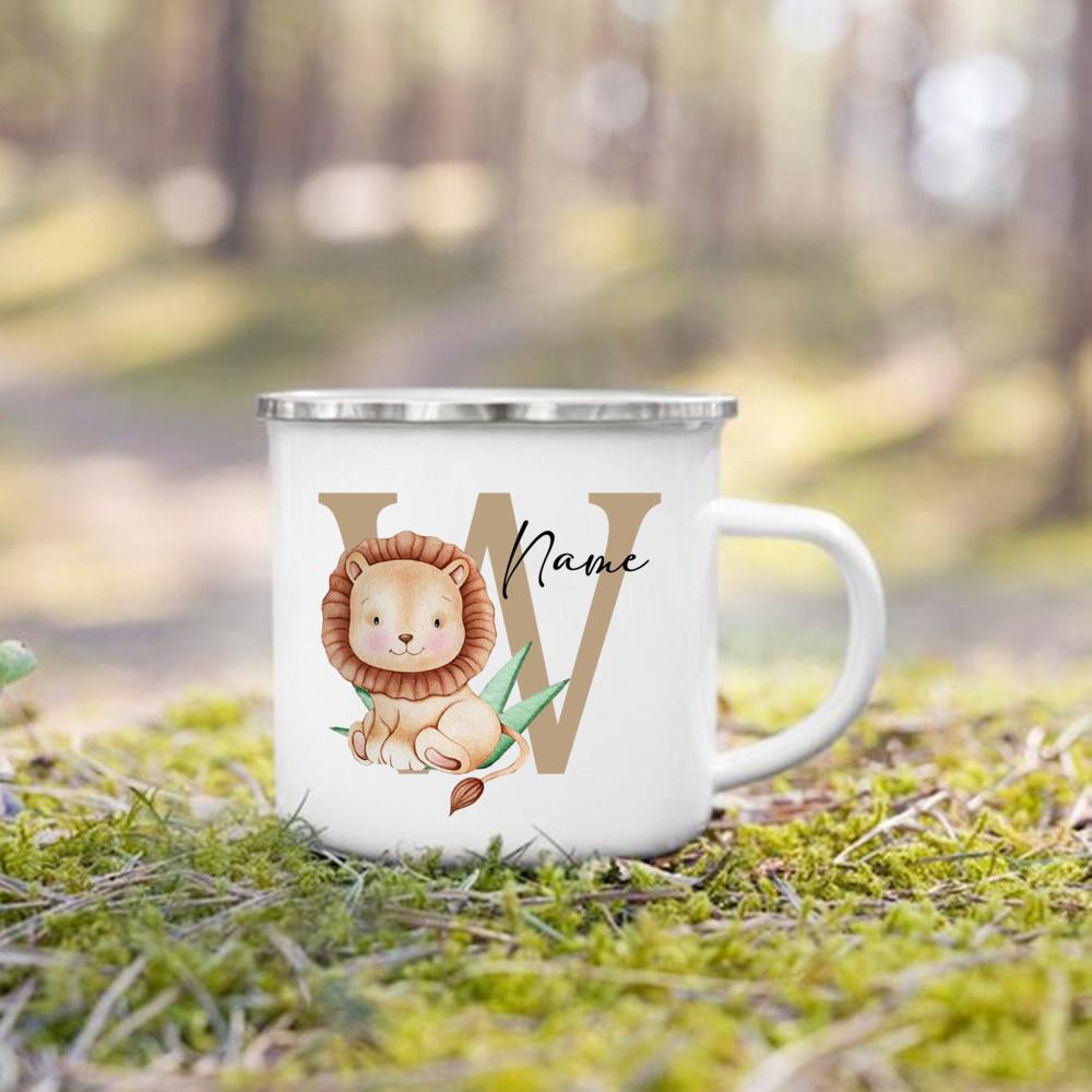 Personalized Mug for Kids Custom Deer Lion Initial with Name Cup for Boys Girls Child Handle Mugs Birthday Festive Gifts for Kid
