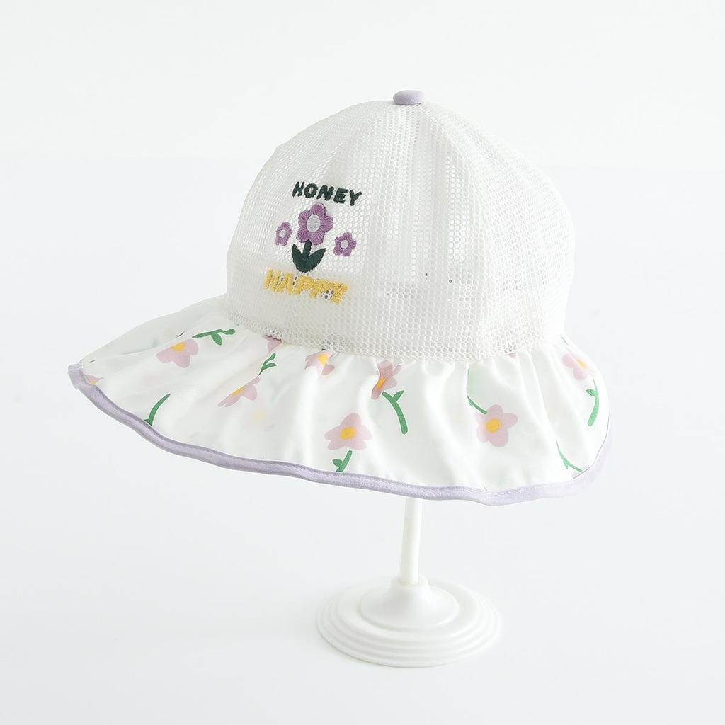 Kids' Embroidered Floral Mesh Bucket Hat - Breathable Outdoor Sun Hat for Students