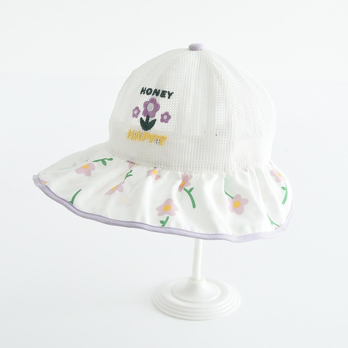 Kids  Embroidered Floral Mesh Bucket Hat - Breathable Outdoor Sun Hat for Students 54 cm circumference белый
