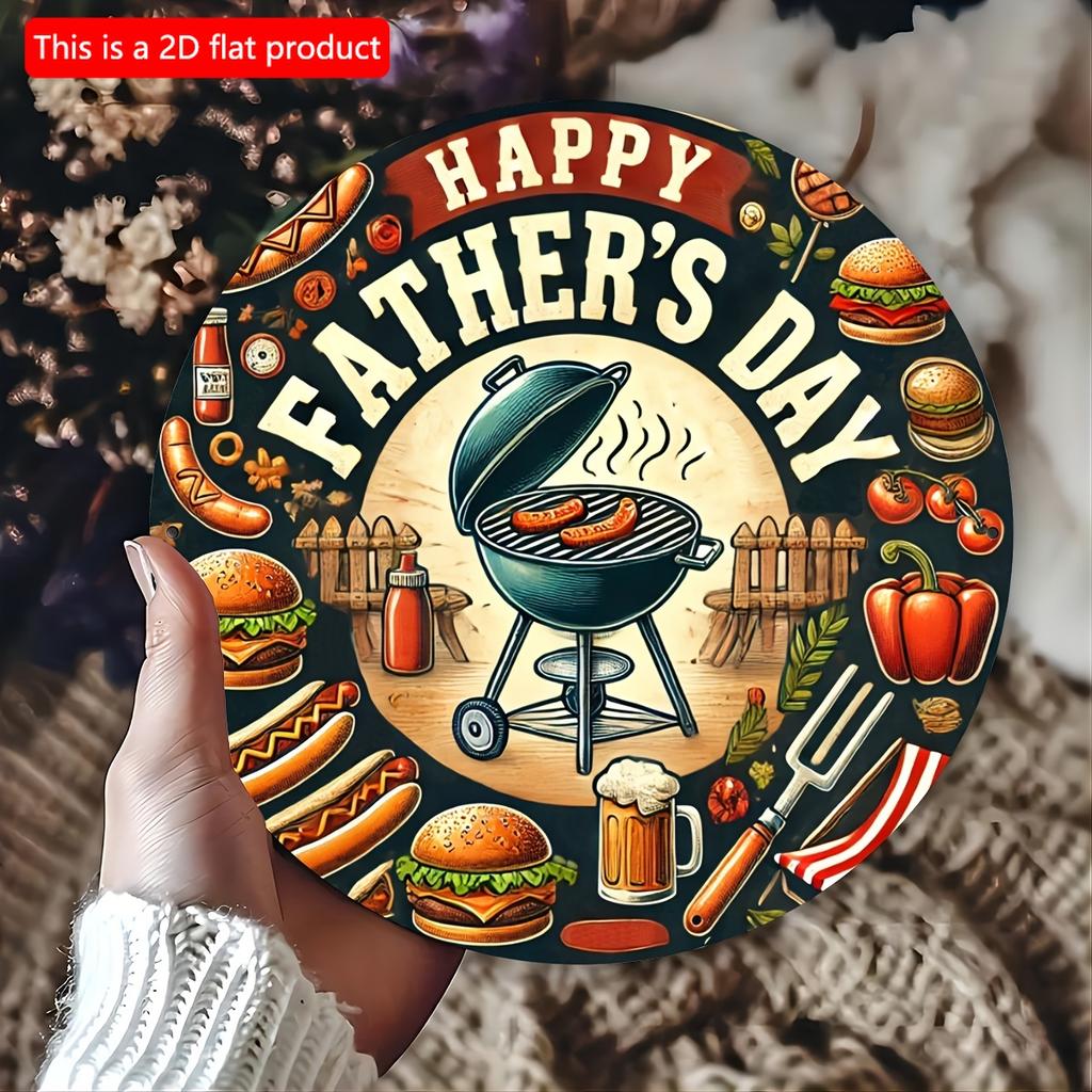 2d Flat 20*20cm, Vintage BBQ Themed Round Wooden Sign, "Happy Father's Day" Design with Grilling Illustrations, Perfect for Home, Cafe, Restaurant.