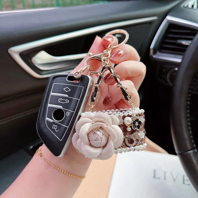 Fashion Camellia Mobile Bag Model Car Keychain Pendant Metal Car Hanging Decoration Accessories Bag Ornamen Gift Women