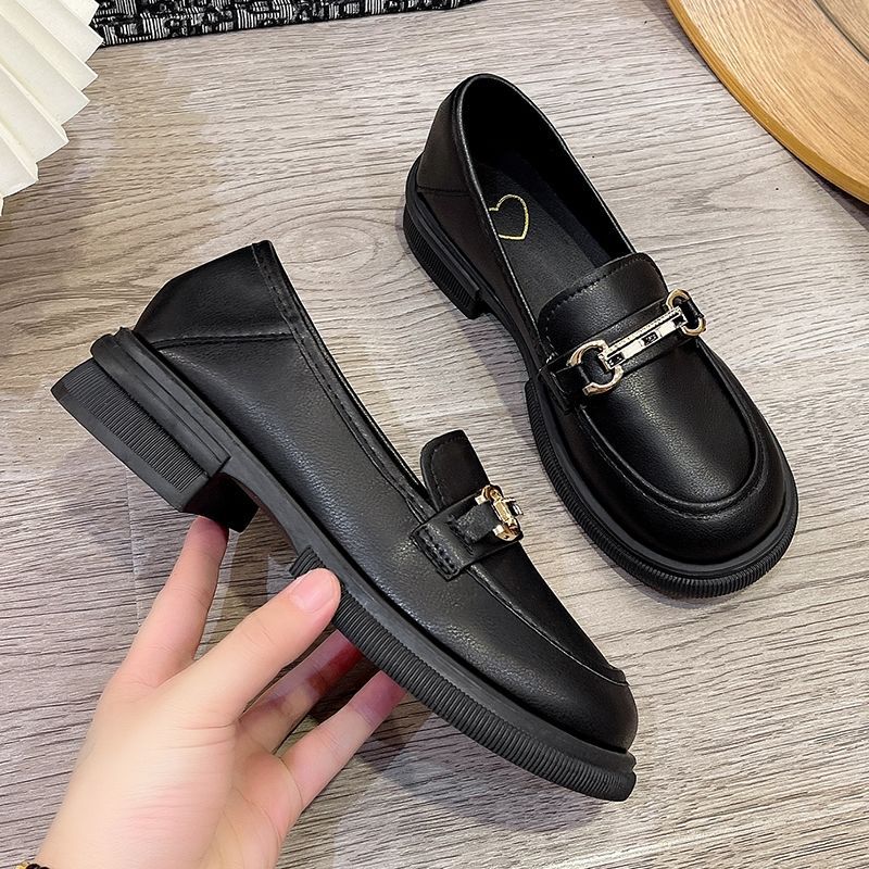British Style Round Head Platform Small Leather Shoes Women's 2024 Spring New Metal Buckle Retro Versatile Thick Heel Loafers Women