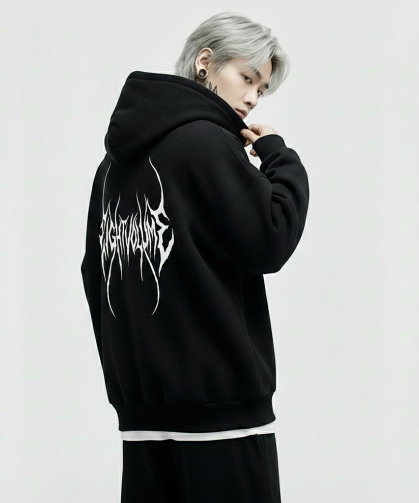 Eightvolume Ev Metal Logo 3-Ply Terry Oversized Zip-Up Hoodie (Black)