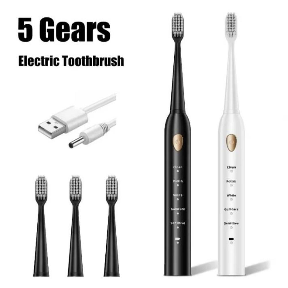 

Sonic Electric Toothbrush Set for Adults Six Speed Mode Waterproof Soft Brush Head USB Rechargeable High Frequency Cleaning чорний